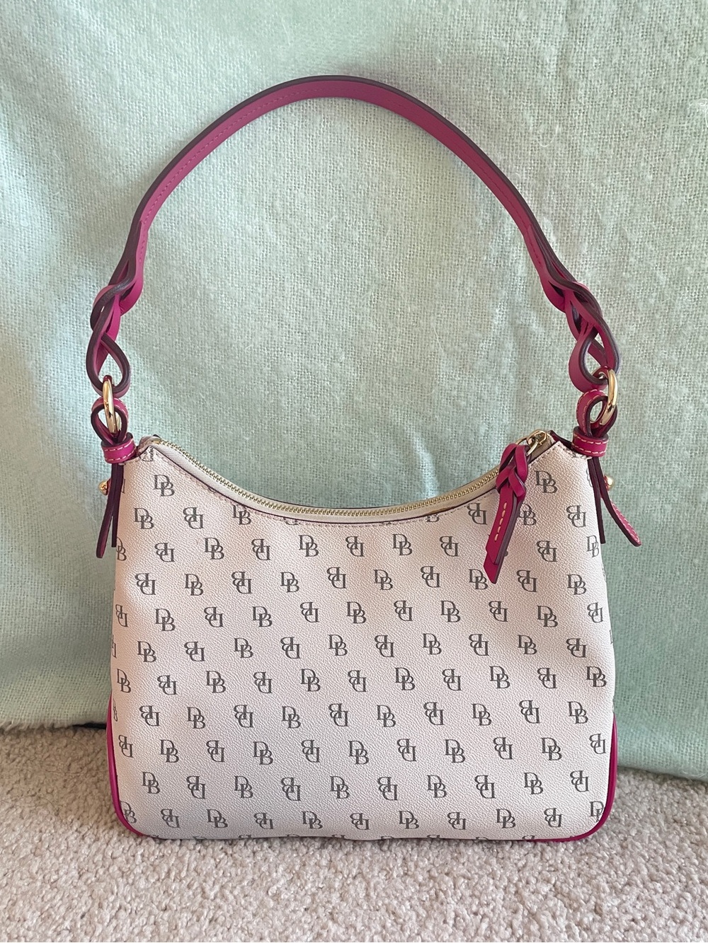Dooney Bourke White Monogram Shoulder Bag with Pink Trim - Gretta Twist Strap - Picture 3 of 17
